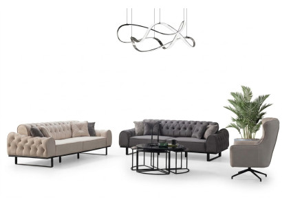 Ensemble de canapé Chesterfield blanc et gris avec fauteuil rembourré design, ensemble de 3 pièces.