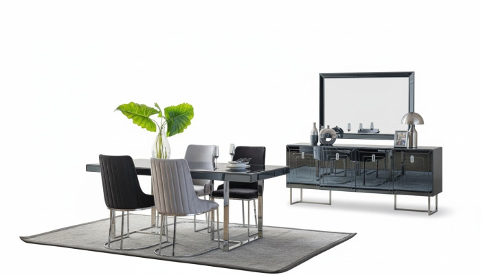 Mobilier de salle à manger Noir-Gris Table à manger rectangulaire 4x chaises en textile