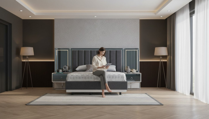 Suite de chambre grise lit en acier inoxydable 2x Tables de chevet en bois Ensemble de 3 pièces