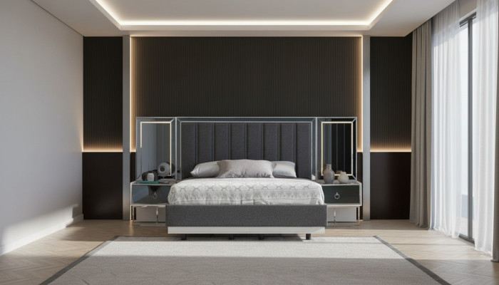 Suite de chambre grise lit en acier inoxydable 2x Tables de chevet en bois Ensemble de 3 pièces
