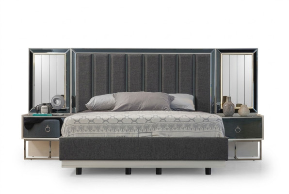 Suite de chambre grise lit en acier inoxydable 2x Tables de chevet en bois Ensemble de 3 pièces