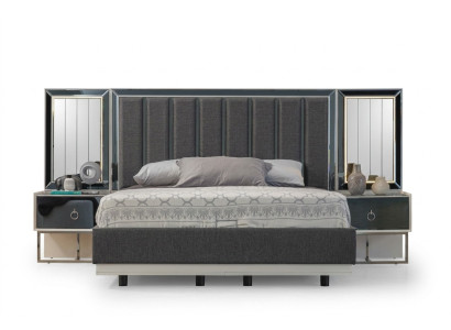 Suite de chambre grise lit en acier inoxydable 2x Tables de chevet en bois Ensemble de 3 pièces