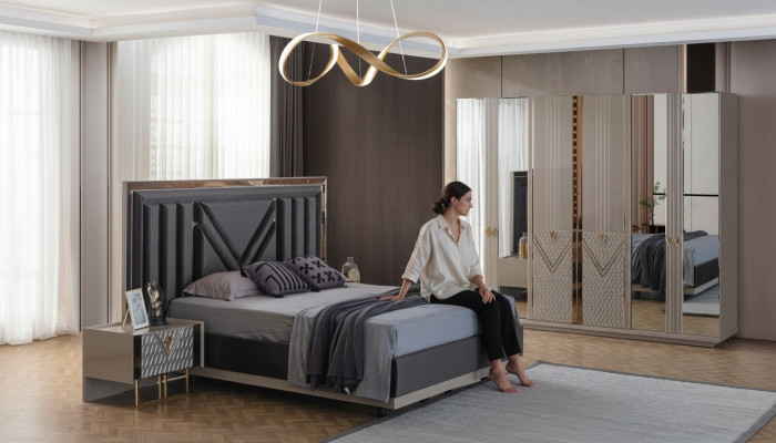 Meubles de chambre gris Lit double Armoire Tables de chevet Ensemble de 4 pièces