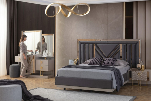 Ensemble de chambre à coucher complet en gris Lit Coiffeuse avec miroir