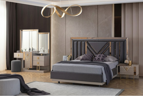 Ensemble de chambre à coucher complet en gris Lit Coiffeuse avec miroir