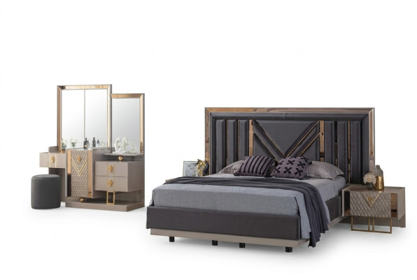 Ensemble de chambre à coucher complet en gris Lit Coiffeuse avec miroir