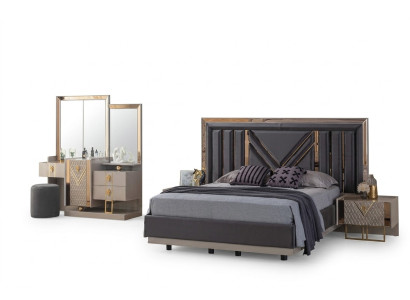 Ensemble de chambre à coucher complet en gris Lit Coiffeuse avec miroir
