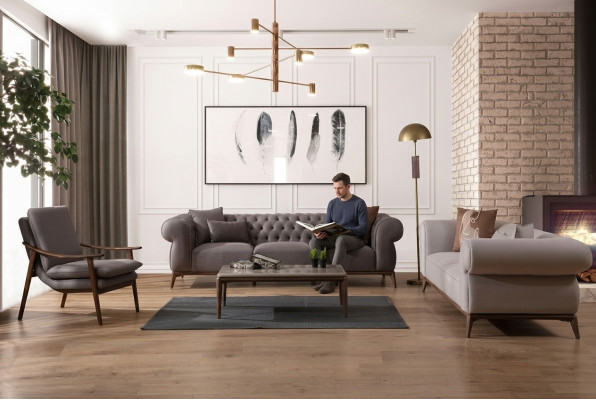 Ensemble de canapés de salon gris de luxe, canapé 4 places, canapé 3 places de designer élégant, fauteuil