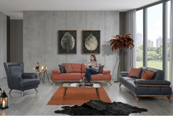 Ensemble de salon design en similicuir : canapés et fauteuils en cuir, ensemble de meubles 3 pièces.
