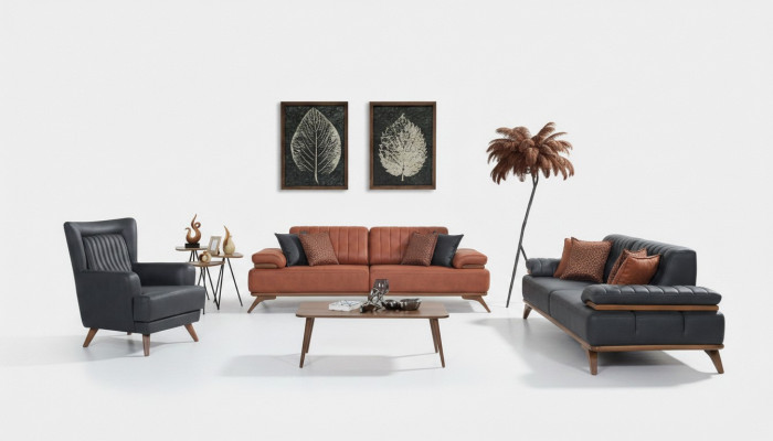 Ensemble de salon design en similicuir : canapés et fauteuils en cuir, ensemble de meubles 3 pièces.