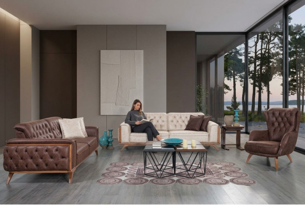 Chesterfield ensemble en similicuir, fauteuil designer moderne trois places, 3 pièces