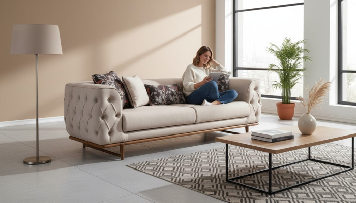 Beige clair Chesterfield Trois places Luxueux canapé élégant à trois places revêtement 