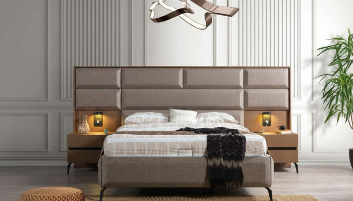 Chambre grise exclusive avec lit double et 2 tables de chevet - ensemble de 3 pièces.