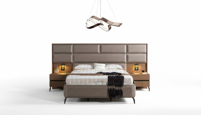 Chambre grise exclusive avec lit double et 2 tables de chevet - ensemble de 3 pièces.