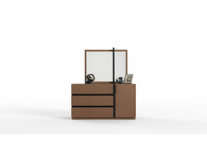 Moderne commode de chambre marron avec 3 tiroirs, 1 porte en bois. Meuble.