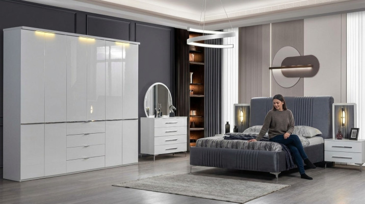 Mobilier de chambre blanc Lit en tissu Grande armoire Tables de chevet