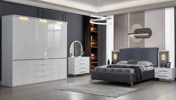 Mobilier de chambre blanc Lit en tissu Grande armoire Tables de chevet