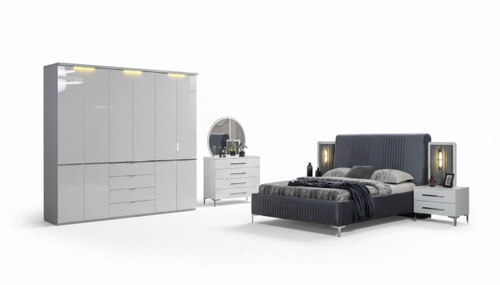 Mobilier de chambre blanc Lit en tissu Grande armoire Tables de chevet