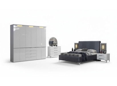 Mobilier de chambre blanc Lit en tissu Grande armoire Tables de chevet