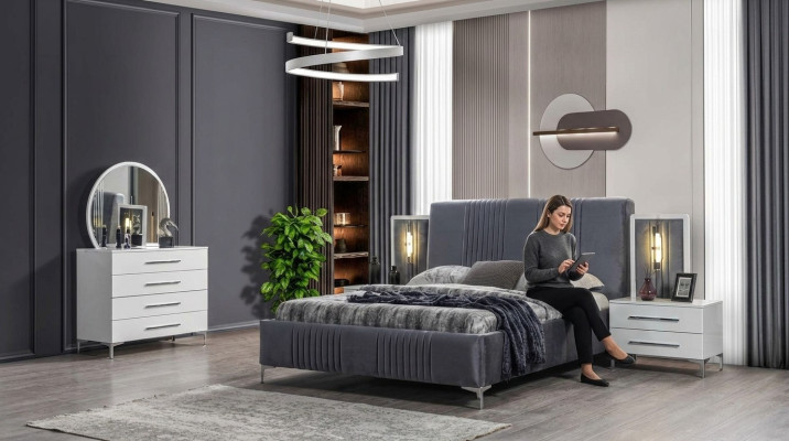 Ensemble de chambre élégant Gris Lit double en bois Tables de chevet 5 pièces