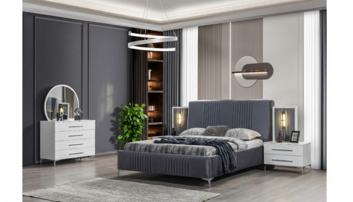 Ensemble de chambre élégant Gris Lit double en bois Tables de chevet 5 pièces
