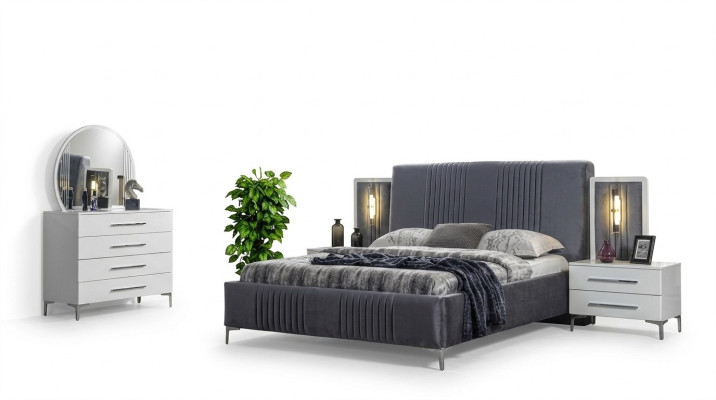 Ensemble de chambre élégant Gris Lit double en bois Tables de chevet 5 pièces