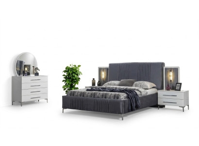 Ensemble de chambre élégant Gris Lit double en bois Tables de chevet 5 pièces