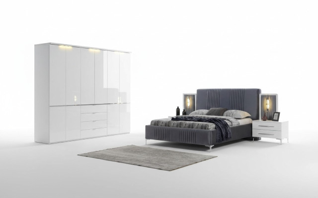 Blanc - Meubles de chambre Gris Textile Lit Table de chevet Armoire 4pcs
