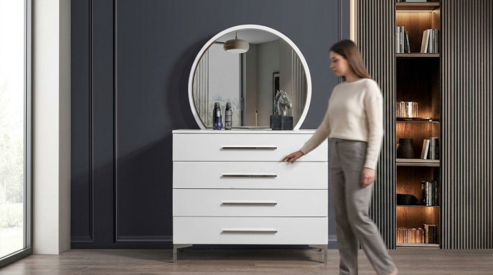 Quatre Porte Commode de Chambre Blanche avec Miroir Rond en Verre de Designer Ensemble de 2 Pièces