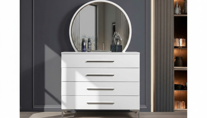 Quatre Porte Commode de Chambre Blanche avec Miroir Rond en Verre de Designer Ensemble de 2 Pièces