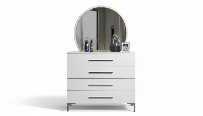 Quatre Porte Commode de Chambre Blanche avec Miroir Rond en Verre de Designer Ensemble de 2 Pièces