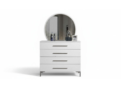 Quatre Porte Commode de Chambre Blanche avec Miroir Rond en Verre de Designer Ensemble de 2 Pièces
