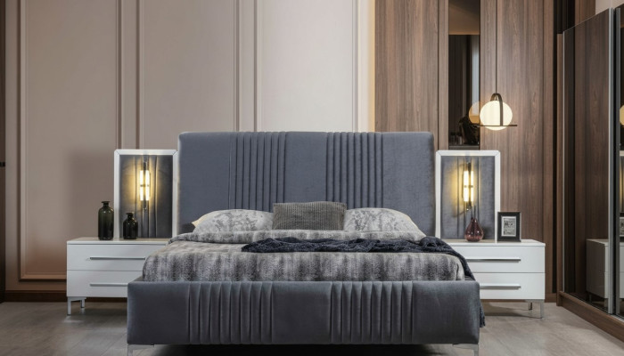 Lit double gris moderne 2x tables de chevet en bois ensemble de chambre
