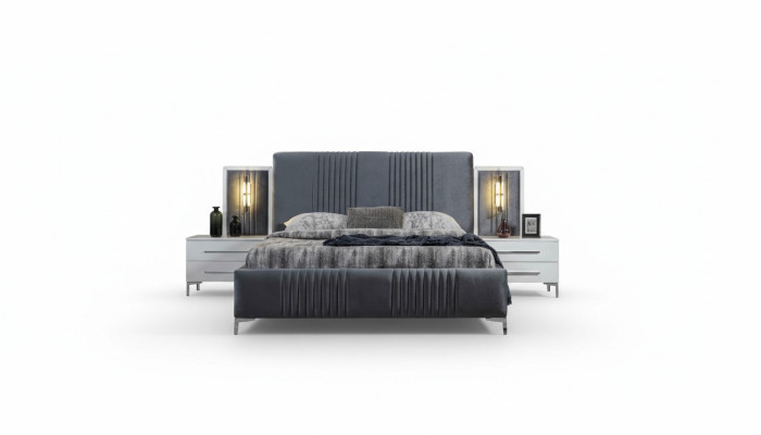Lit double gris moderne 2x tables de chevet en bois ensemble de chambre