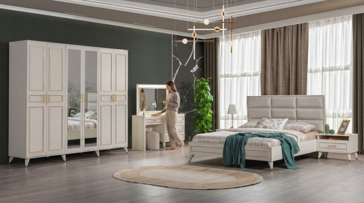 Designer de chambre à coucher Lit double de luxe Coiffeuse noble Tabouret 7 pièces