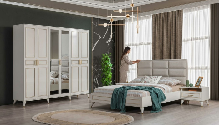 Mobilier de chambre blanc en bois Armoire en verre Lit double Tables de chevet en textile
