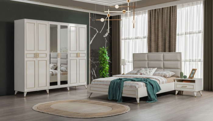 Mobilier de chambre blanc en bois Armoire en verre Lit double Tables de chevet en textile
