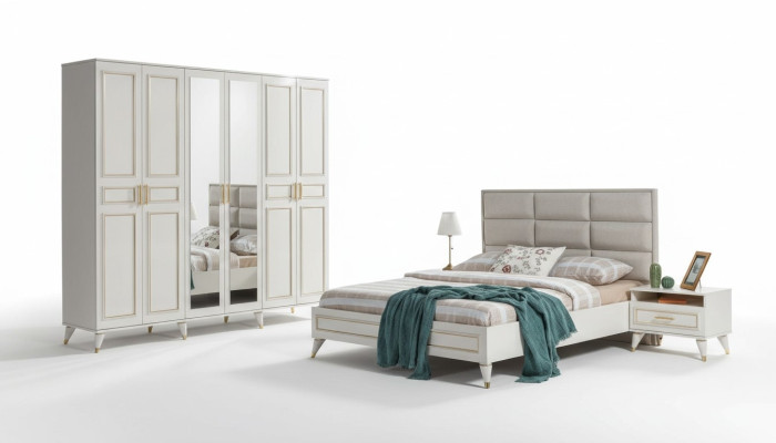 Mobilier de chambre blanc en bois Armoire en verre Lit double Tables de chevet en textile