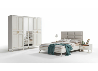 Mobilier de chambre blanc en bois Armoire en verre Lit double Tables de chevet en textile