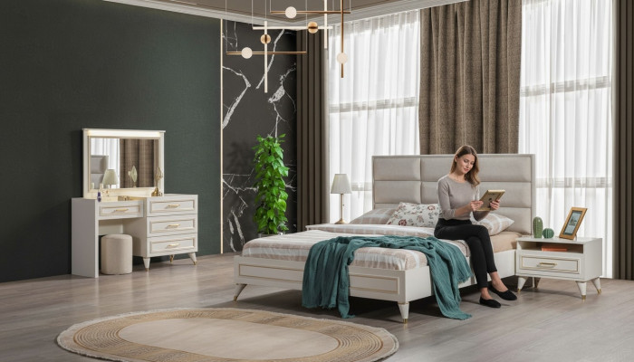 Grand ensemble de chambre Lit double Coiffeuse Tabouret Miroir 6 pièces