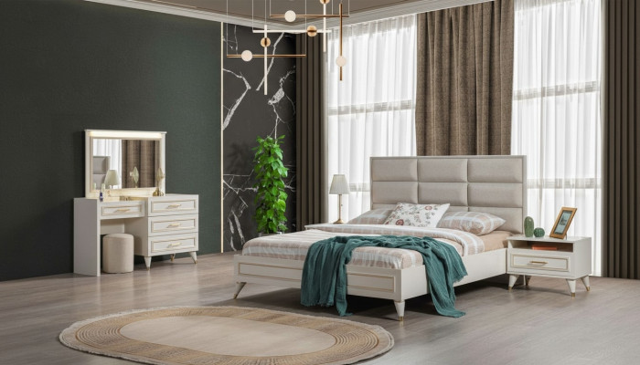 Grand ensemble de chambre Lit double Coiffeuse Tabouret Miroir 6 pièces