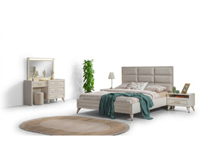 Grand ensemble de chambre Lit double Coiffeuse Tabouret Miroir 6 pièces