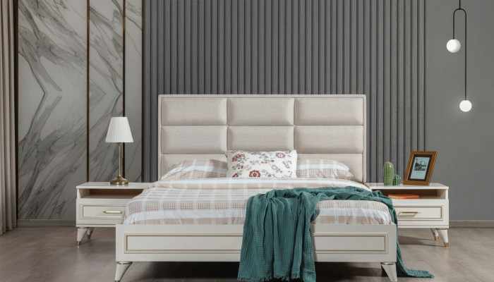 Suite de chambre blanche Literie Lit double 2x Tables de chevet en bois 3pcs