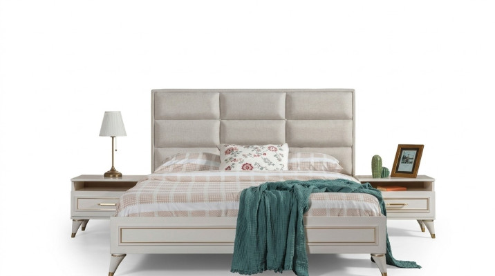 Suite de chambre blanche Literie Lit double 2x Tables de chevet en bois 3pcs