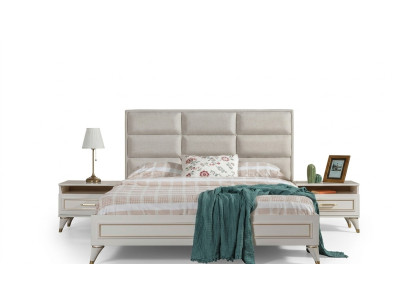 Suite de chambre blanche Literie Lit double 2x Tables de chevet en bois 3pcs