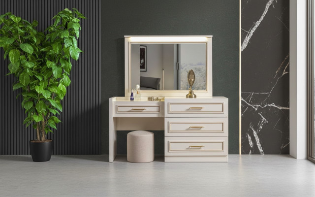 Meubles de chambre noble Table de toilette blanche Miroir Tabouret rembourré Ensemble de 3 pièces