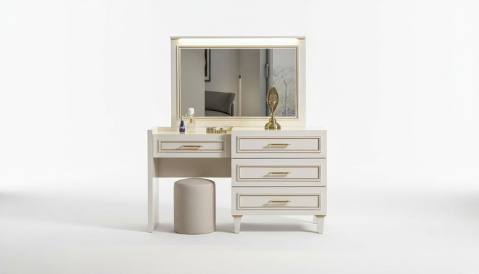 Meubles de chambre noble Table de toilette blanche Miroir Tabouret rembourré Ensemble de 3 pièces