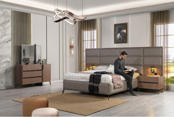 Lit double gris-brun Exclusif Commode de chambre Miroir Ensemble de 5 pièces