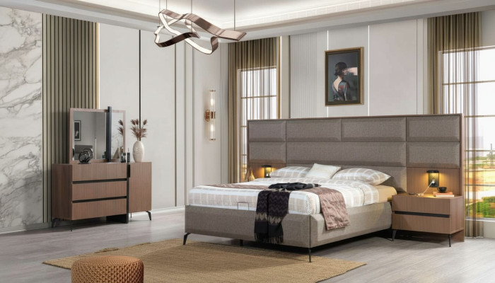 Lit double gris-brun Exclusif Commode de chambre Miroir Ensemble de 5 pièces