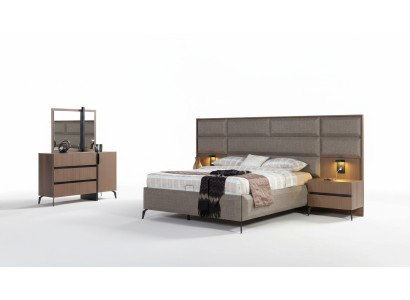 Lit double gris-brun Exclusif Commode de chambre Miroir Ensemble de 5 pièces